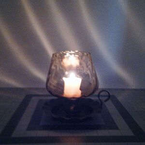 Empoli Amber Swirl Optic Glass And Black Wrought Iron Candle Holder 6 Inch